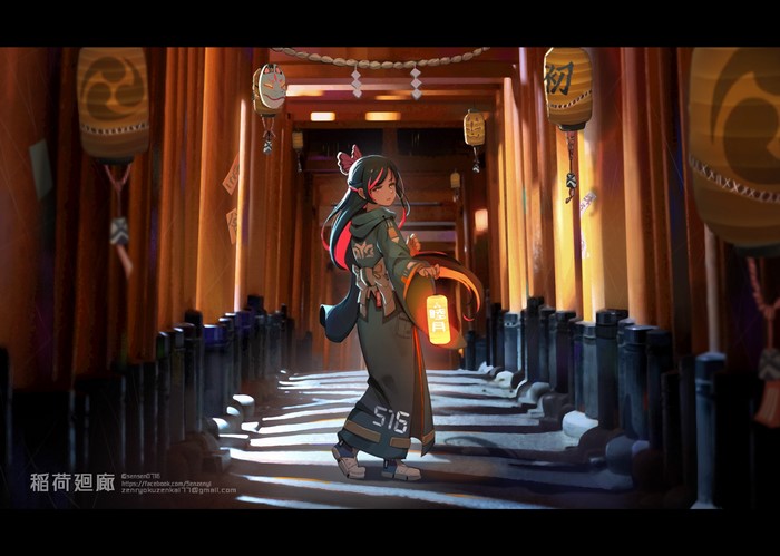 digital art, illustration, anime, lantern, ArtStation, Sensenyi, anime girls, concept art