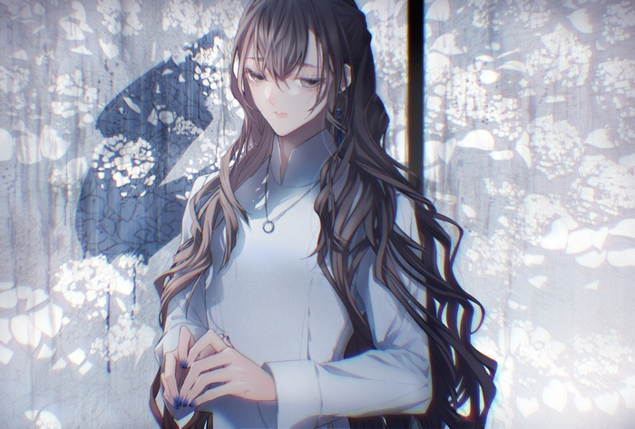 anime boys, original characters, long hair, Higurashi 77, anime, hydrangea