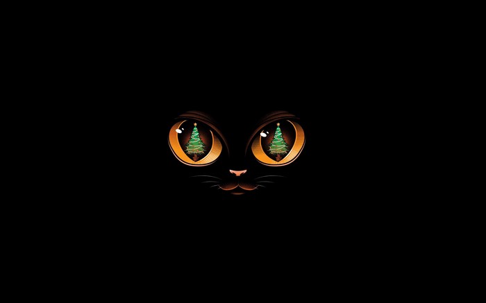 4K, simple background, trees, cats, black background, cat eyes, eyes, Christmas Tree, artwork, minimalism
