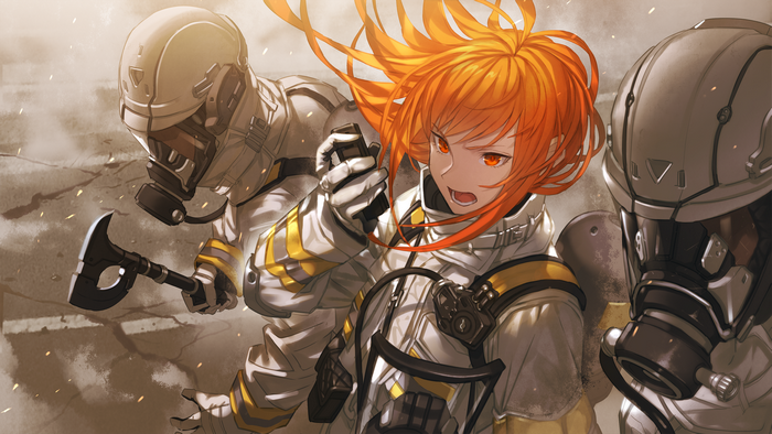 orange eyes, anime, gas masks, anime girls, Makai No Juumin, original characters, redhead