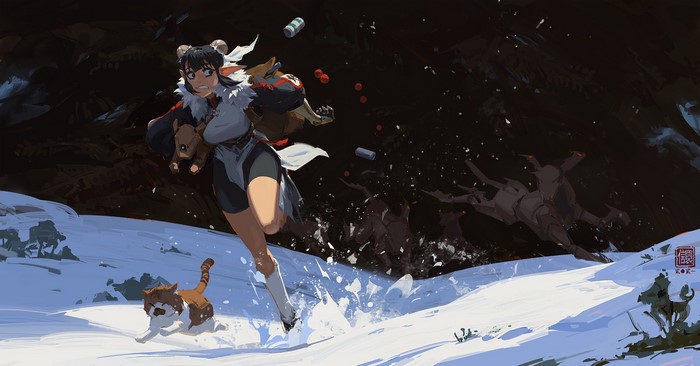 creature, snow, mech, Kan Liu, fantasy girl, cats, cybernetics, wolf, forest, can, drawing, eastern, robot