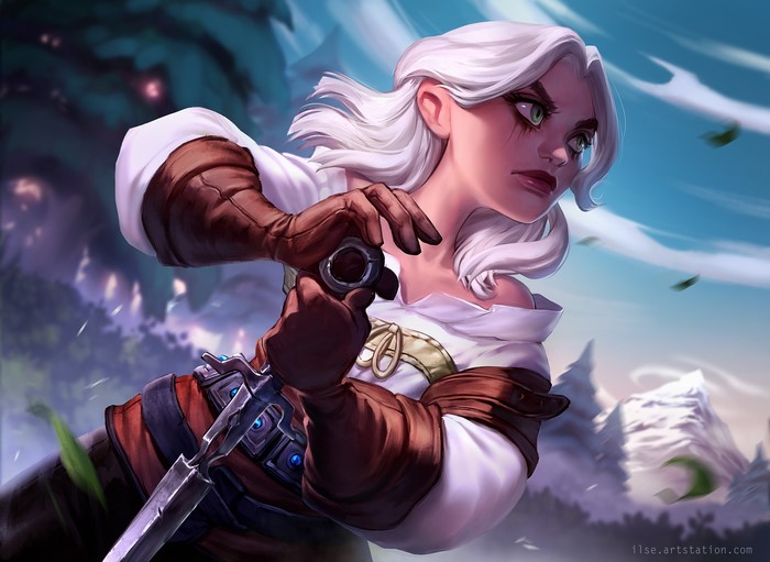 blonde, artwork, The Witcher 3: Wild Hunt, green eyes, white hair, digital painting, CGI, Cirilla Fiona Elen Riannon, digital art, 3D, fan art