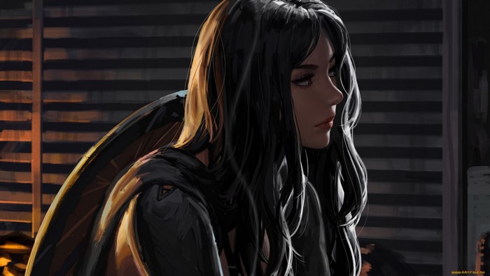 women, artwork, indoors, GUWEIZ, women indoors, dark hair, long hair, looking away