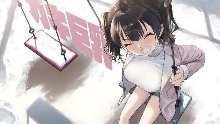 Kaedeko, smiling, anime, 2D, sweater, short shorts, high angle, digital art, portrait, swings, closed eyes, dark hair, snow, artwork, anime girls