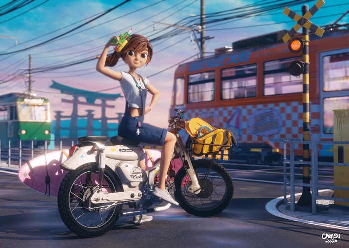 4K, smiling, brunette, train station, motorcycle, outdoors, train, large eyes, headphones, CGI, artwork, digital art, digital painting, 3D, women