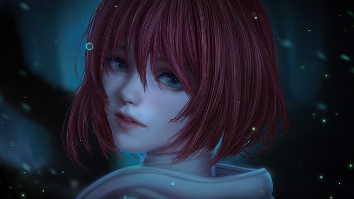 digital art, women, looking at viewer, green eyes, jacket, water drops, short hair, redhead