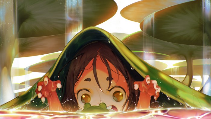 loli, brunette, anime girls, yellow eyes, water lilies, frog, blueorca, water drops, fantasy art, teeth
