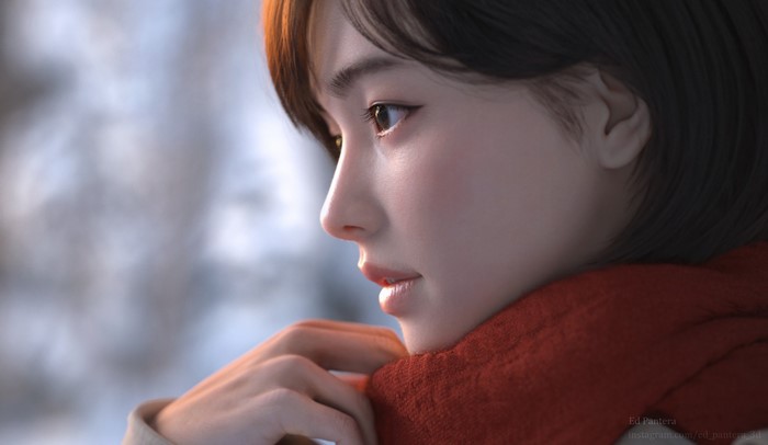 3D graphics, render, women, dark eyes, CGI, face, brunette, Ed Pantera, winter, 3D, profile, Asian