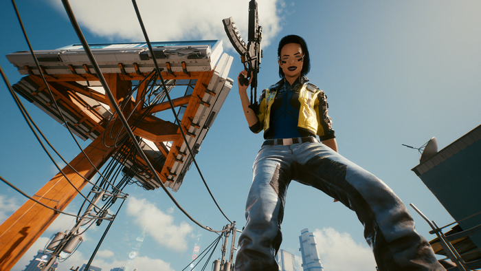 4K, gun, Cyberpunk 2077, city, machine gun, video games, cyberpunk, low-angle, girls with guns, screen shot, PC gaming
