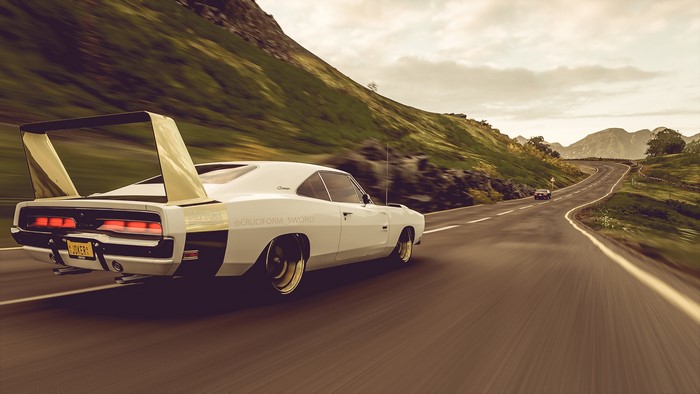 4K, Forza, car, vehicle, Forza Horizon 4, muscle cars, road, white cars, Games posters, in-game, video game art, daytona, screen shot, video games, Vintage car