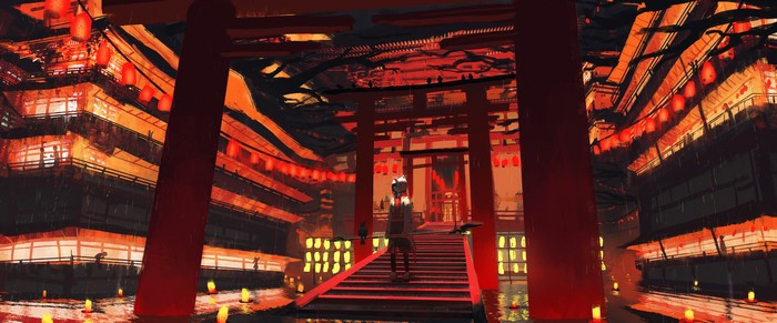 4K, anime girls, torii, Asteroid (artist)