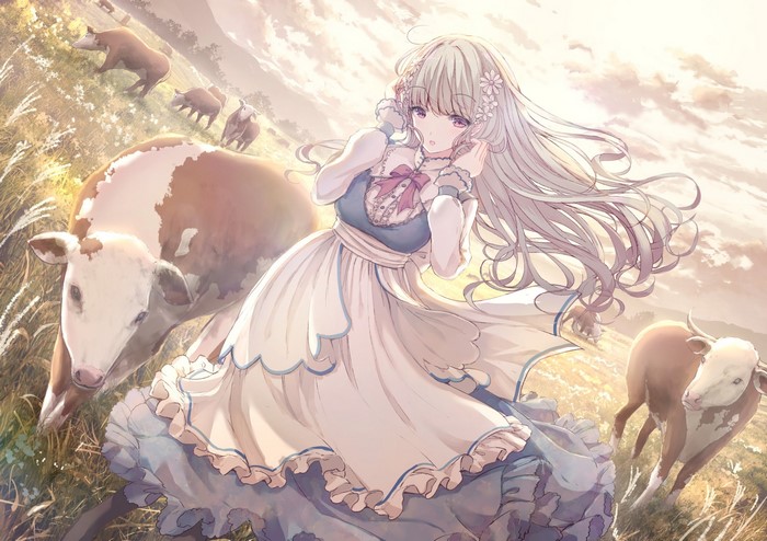 dress, missile228, anime girls, red eyes, anime, gray hair, original characters, cow