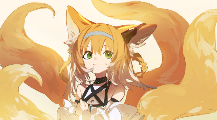 fox girl, anime girls, Aonogura, fox ears, blonde, simple background, aonogura39, anime, animal ears, fox tail, tail, Arknights, green eyes