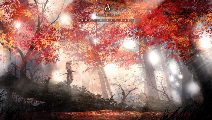 fantasy art, samurai, Alireza Ravayi, forest, fall