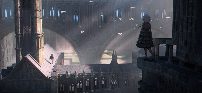 cathedral, dress, yurichtofen, anime girls, anime