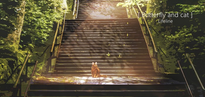 4K, 2D, anime, Lifeline, digital art, artwork, portrait, stairs, butterfly, cats