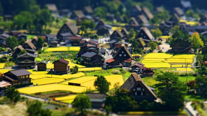 landscape, spring, town, Japan, bright, tilt shift, idyllic, village, Shirakawago, nature