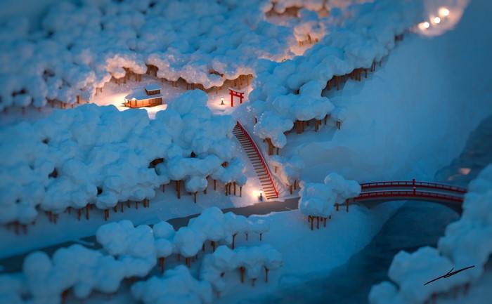torii, winter, low poly, bridge, landscape, snow, river, forest