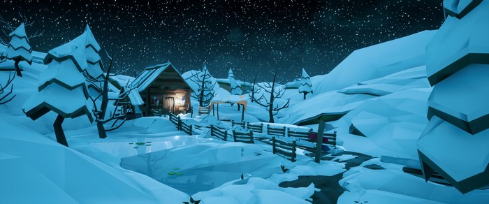 winter, digital, Christmas, snow, animation, stars, cabin, low poly, night