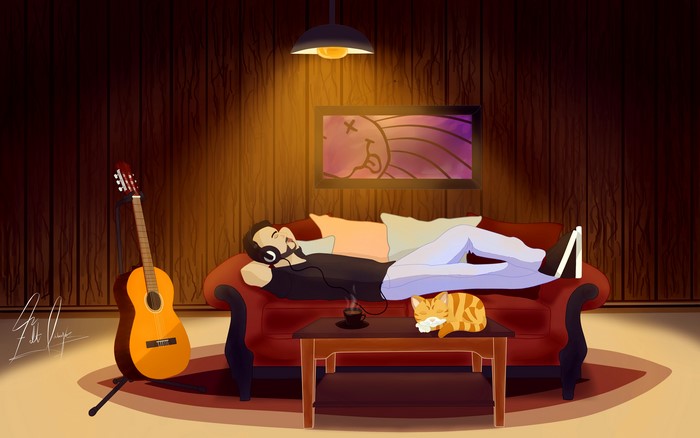 4K, digital art, drawing, guitar, metalanguage, Chill Out, LoFi, music