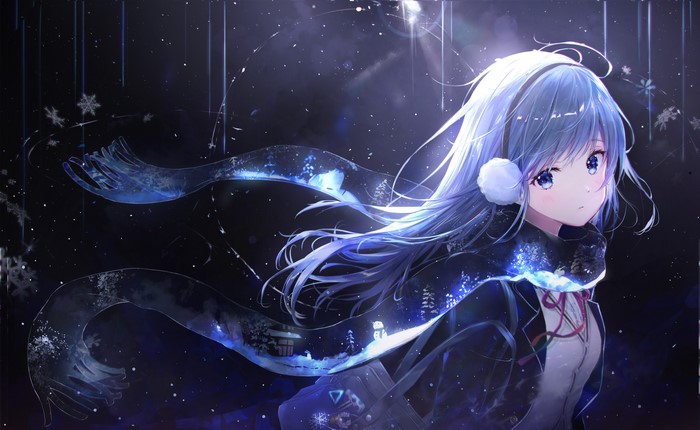 4K, blue hair, digital art, anime girls, 2D, school uniform, blue eyes, artwork, portrait, scarf, anime, Hapong07