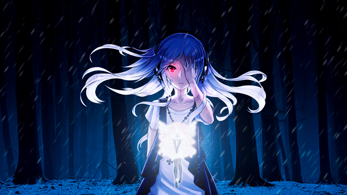 snow, red eyes, anime girls, glowing, white hair, anime