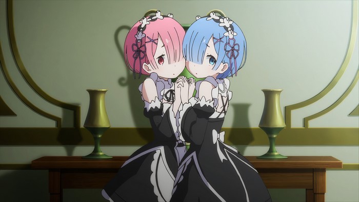 Rem (Re: Zero), pink hair, anime girls, short hair, maid, blue hair, holding hands, anime, Re:Zero Kara Hajimeru Isekai Seikatsu, Ram (Re: Zero)