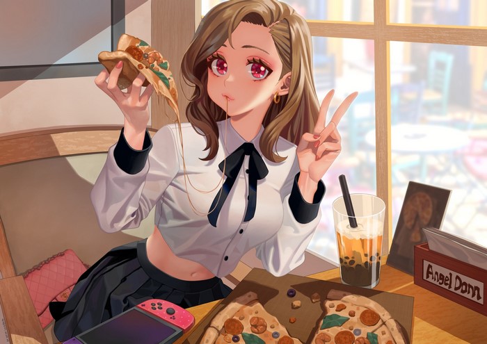 handbags, anime, ear piercing, Nintendo Switch, drink, red eyes, anime girls, brunette, cafe, eating, school uniform, pizza, Hongcasso