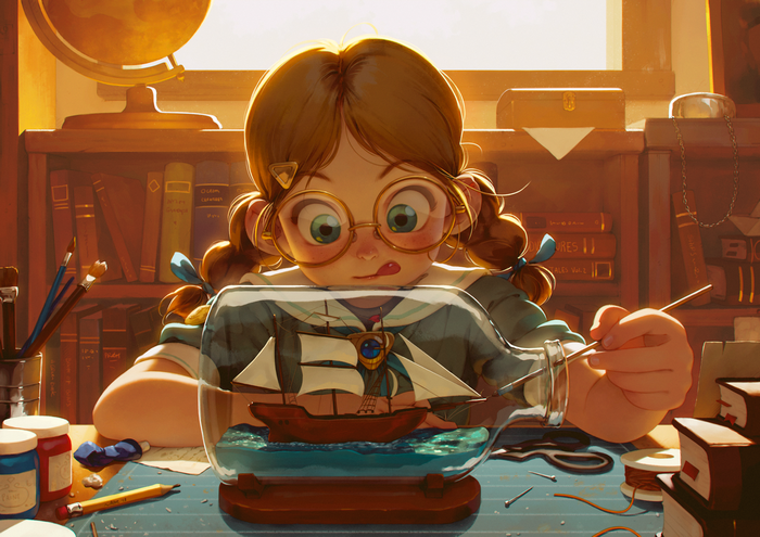 books, green eyes, window, thread, long hair, paint brushes, tongue out, work bench, Casket, bottles, brunette, digital art, children, ribbons, scissors, globes, glasses