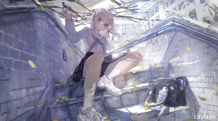 blue eyes, 2D, artwork, school uniform, digital art, Roki, anime girls, white hair, portrait, anime, stairs