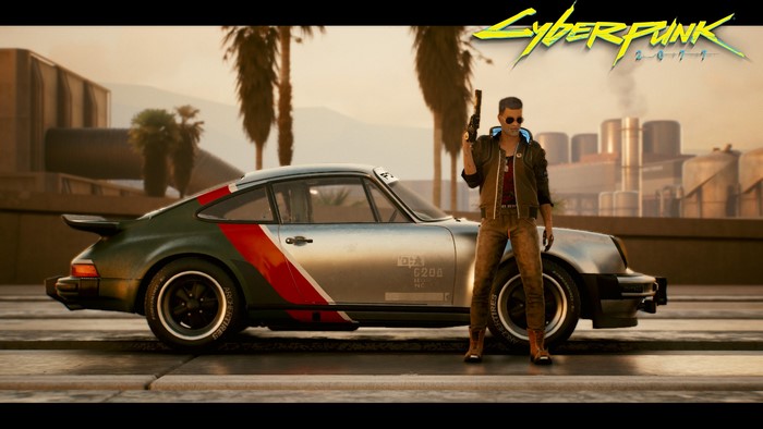 sunglasses, cityscape, Porshe 911, gun, Cyberpunk 2077, cyberpunk, revolver, protagonist