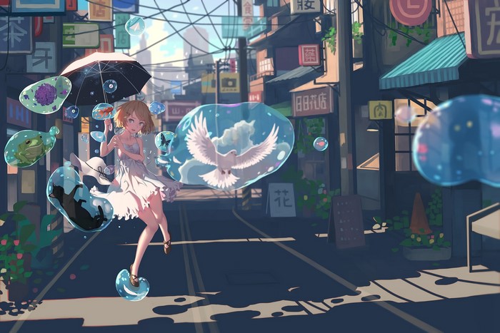 stars, city, hat, frog, water drops, sun dress, anime girls, pigeons, petals, sunlight, aqua eyes, flowers, vofan, black cats, umbrella, short hair, anime, dress, butterfly, blonde, clouds