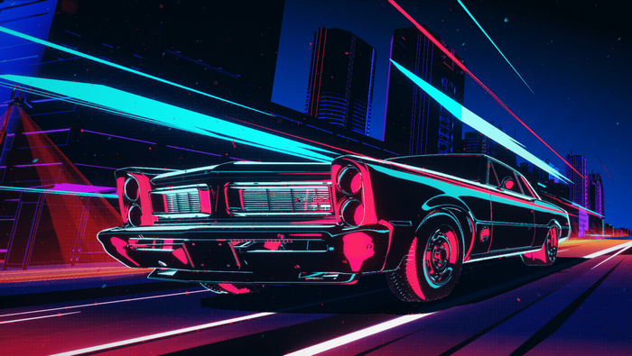 colorful, Pontiac GTO, perspective, building, street, night, artwork, cyberpunk, neon, Pontiac, car, digital art