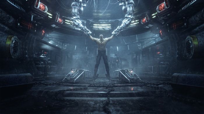prisoners, concept art, digital art, futuristic, cyberpunk, CGI, chains, 3D, men, fantasy art, fantasy men, science fiction