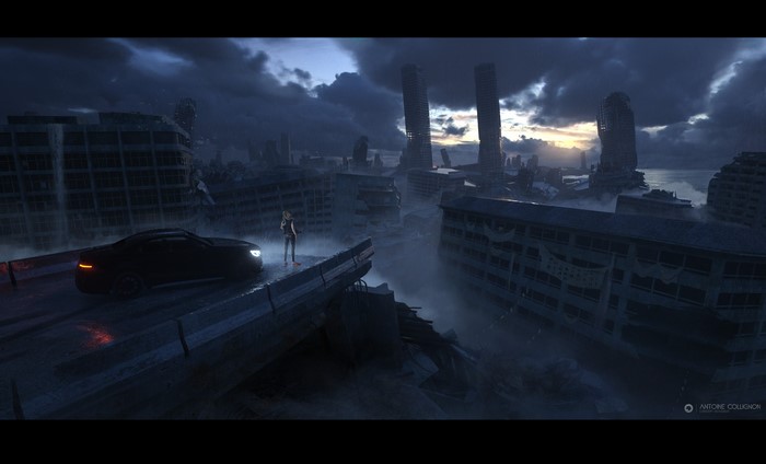 dark, ruin, car, ArtStation, vehicle, science fiction, sky, apocalyptic, Antoine Collignon, science fiction women, cityscape, women, ruins, artwork, digital art