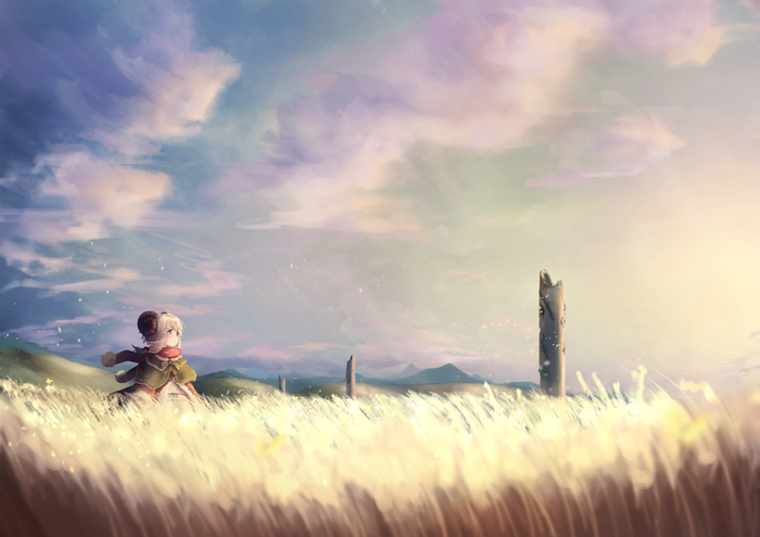 wheat, horns, loli, Inushida, sky, anime girls, tower, clouds