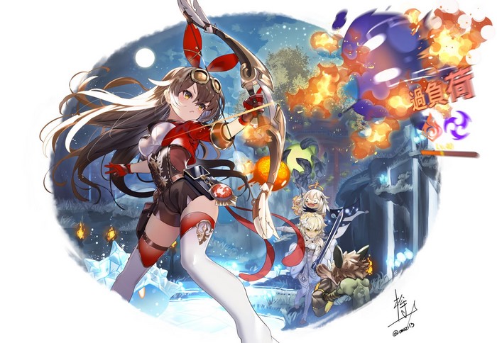 glasses, bangs, thighs, thigh-highs, blush, brunette, wavy hair, yellow eyes, long hair, Genshin Impact, anime, Awamorizennseiki, Amber (Genshin Impact), video game characters, white background, video game girls, arrows, Paimon, short shorts, blushing, Lumine (Genshin Impact), gloves, shorts, hair accessories, video games, sword, video game art, anime girls, bow