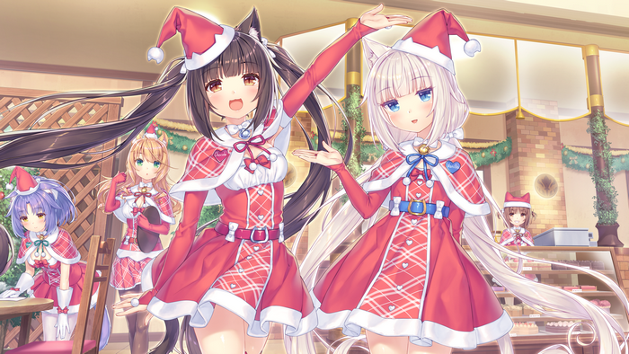 Vanilla (Neko Para), Santa girl, anime games, galgame, Chocolat (Neko Para), anime, twintails, animal ears, Santa hats, anime girls, waitress, cafe, Neko Para