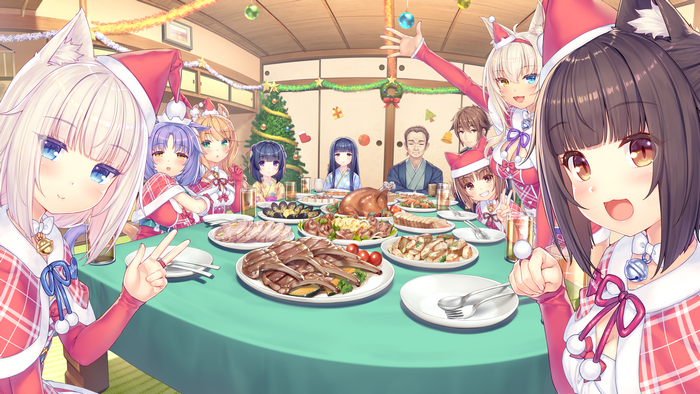 Santa girl, Santa hats, Neko Para, anime, anime games, anime girls, Christmas, galgame, animal ears, food