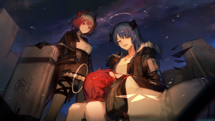 short hair, night, horns, Arknights, Suffering (Arknights), anime girls, Mostima (Arknights), sky, 2D, Huanxiang Heitu, Exusiai (Arknights)