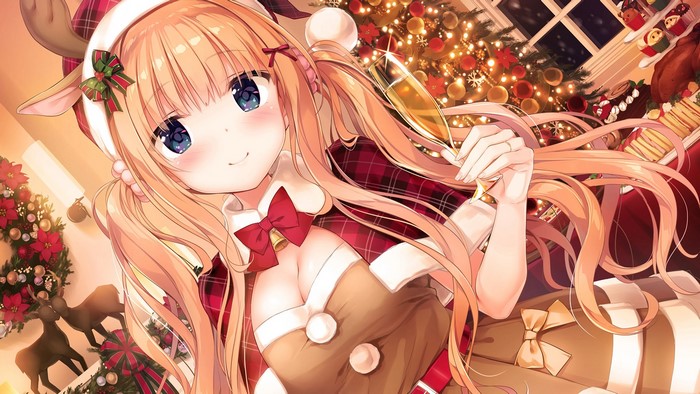 food, anime girls, cleavage, smiling, Christmas, anime, Kimishima Ao, Santa girl, blonde