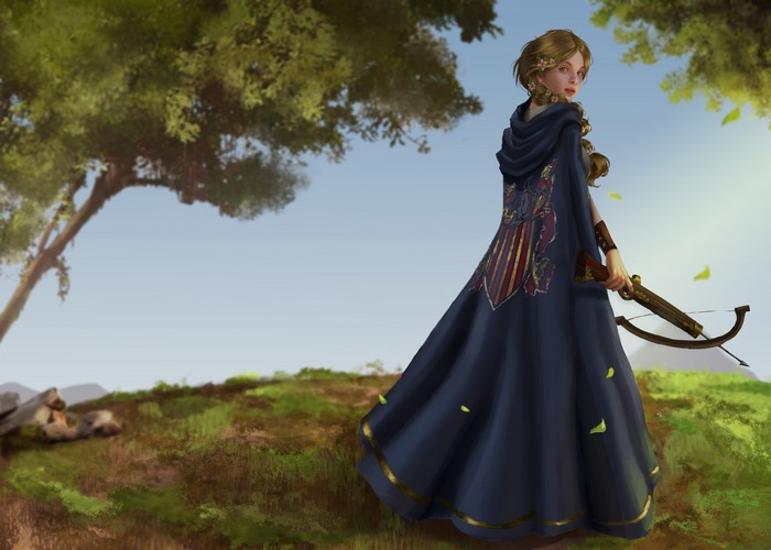 brunette, fallen leaves, digital painting, drawing, digital art, fan art, artwork, depth of field, women, crossbow