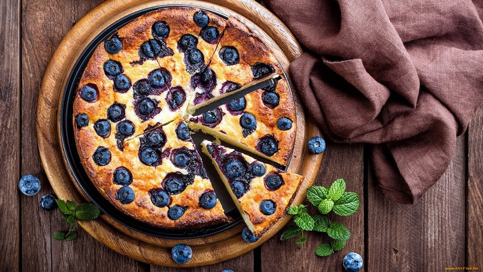 cake, berries, sweets, napkin, blueberries, fruit, wooden surface, mint leaves, food