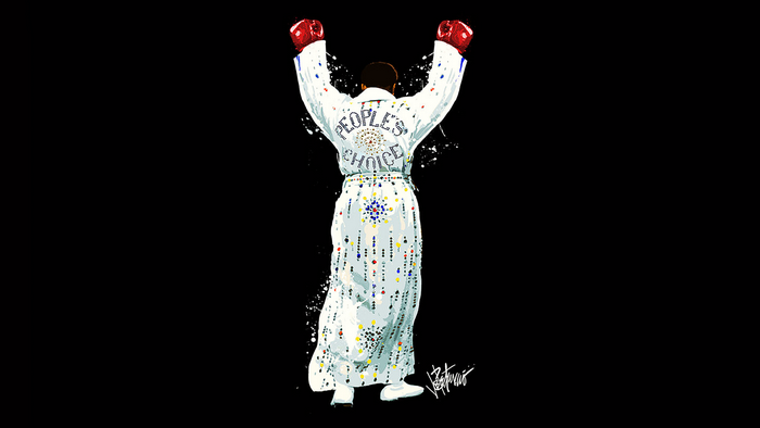 boxing coat, legends, boxing gloves, arms up, boxing, Muhammad Ali, Elvis Presley