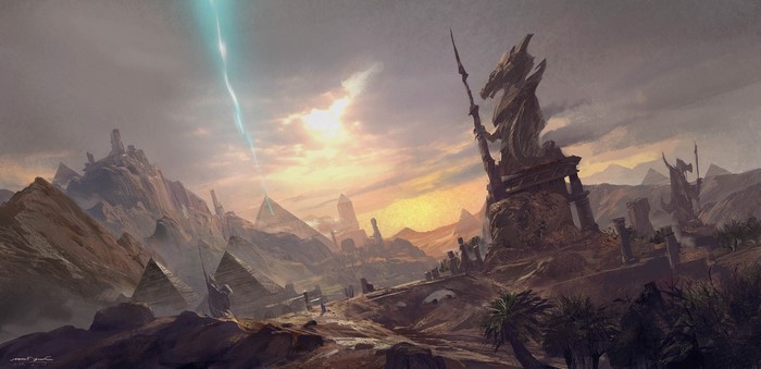landscape, ArtStation, artwork, sky, Mazert Young, pyramid, fantasy art
