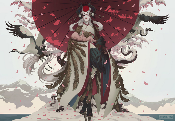 cherry trees, fantasy girl, baby, kimono, umbrella, sakura (tree), fantasy art, black eyes, feathers, petals, white background, cranes (bird), hair, mask, Mona Finden, Oni, white hair, wings, makeup, mountains