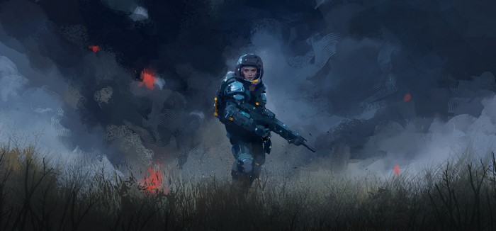 4K, gun, futuristic, assault rifle, futuristic armor, digital art, fan art, girls with guns, women, artwork, digital painting, smoke background