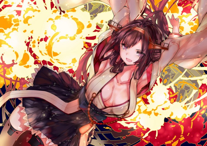 4K, Kantai Collection, Kongou (KanColle), Iamdaiwei, anime girls, cleavage, anime, brunette, explosion, purple eyes