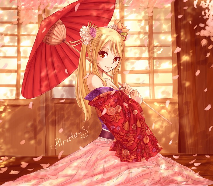 4K, blonde, anime girls, petals, umbrella, Fairy Tail, brown eyes, anime, Heartfilia Lucy