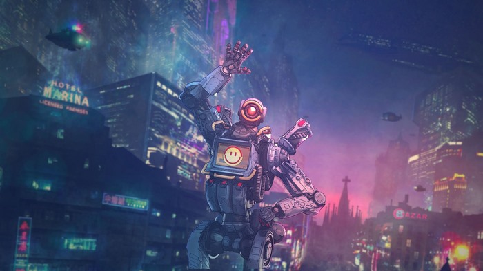 Pathfinder from Apex Legends in a futuristic city